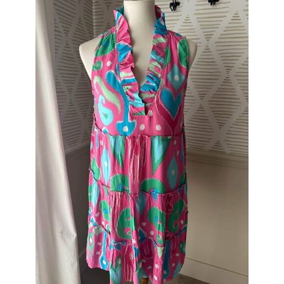 Crown & Ivy Women’s Medium Pink Ruffle Ikat Mini Dress - Picture 1 of 5